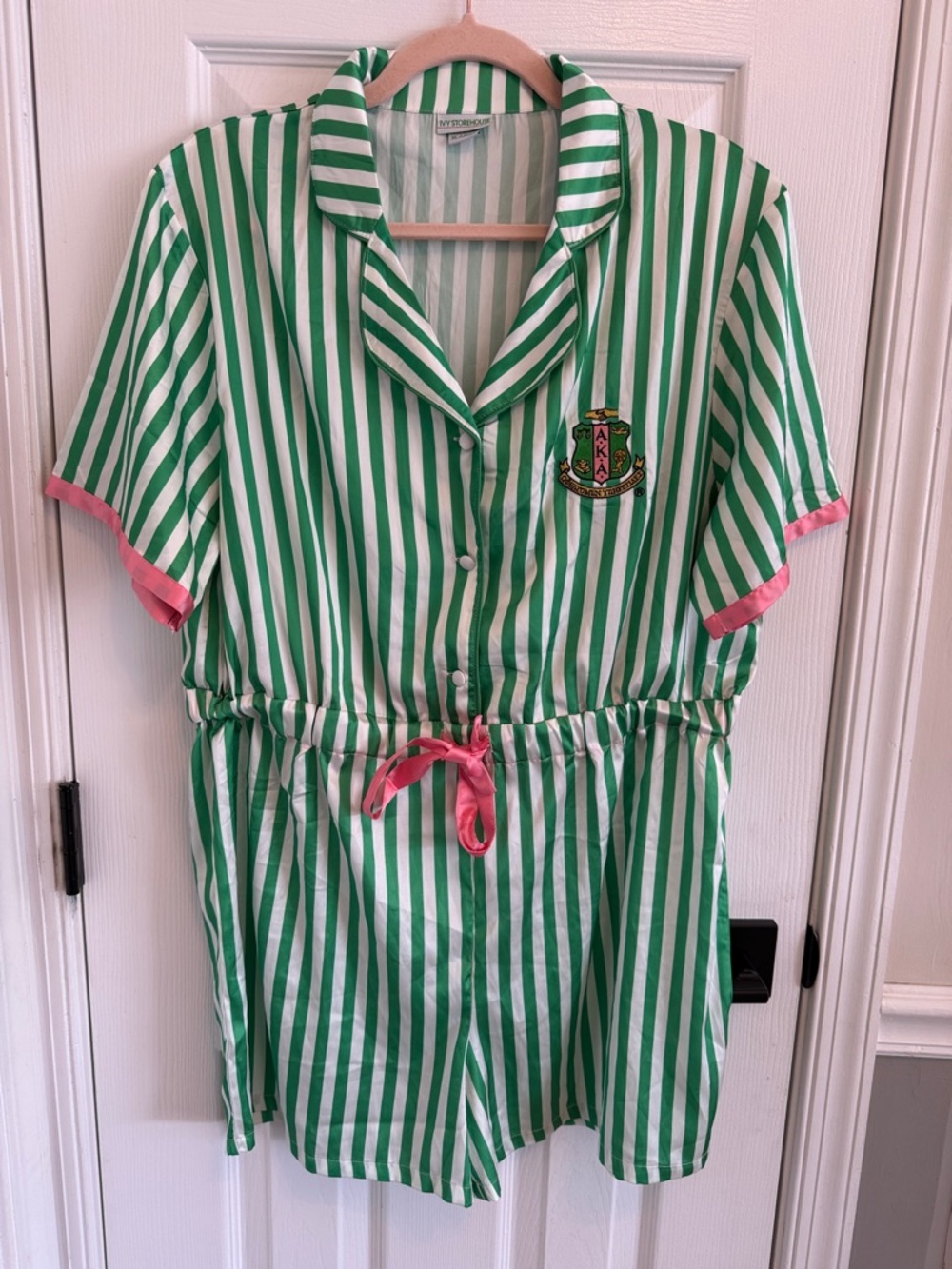 Ivy Storehouse Alpha Kappa Alpha Green and White Striped Romper Pink Trim Sz XL